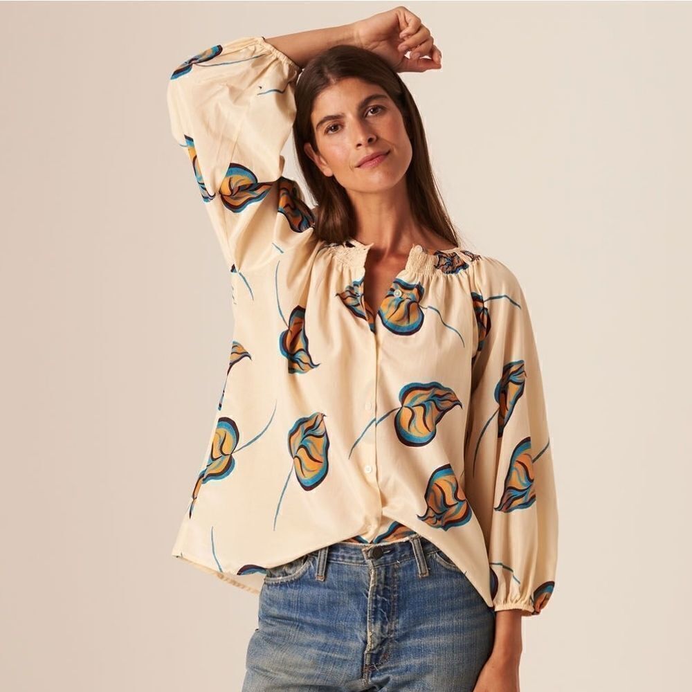Tucker The Classic Blouse Ivory Begonias in Silk Cotton